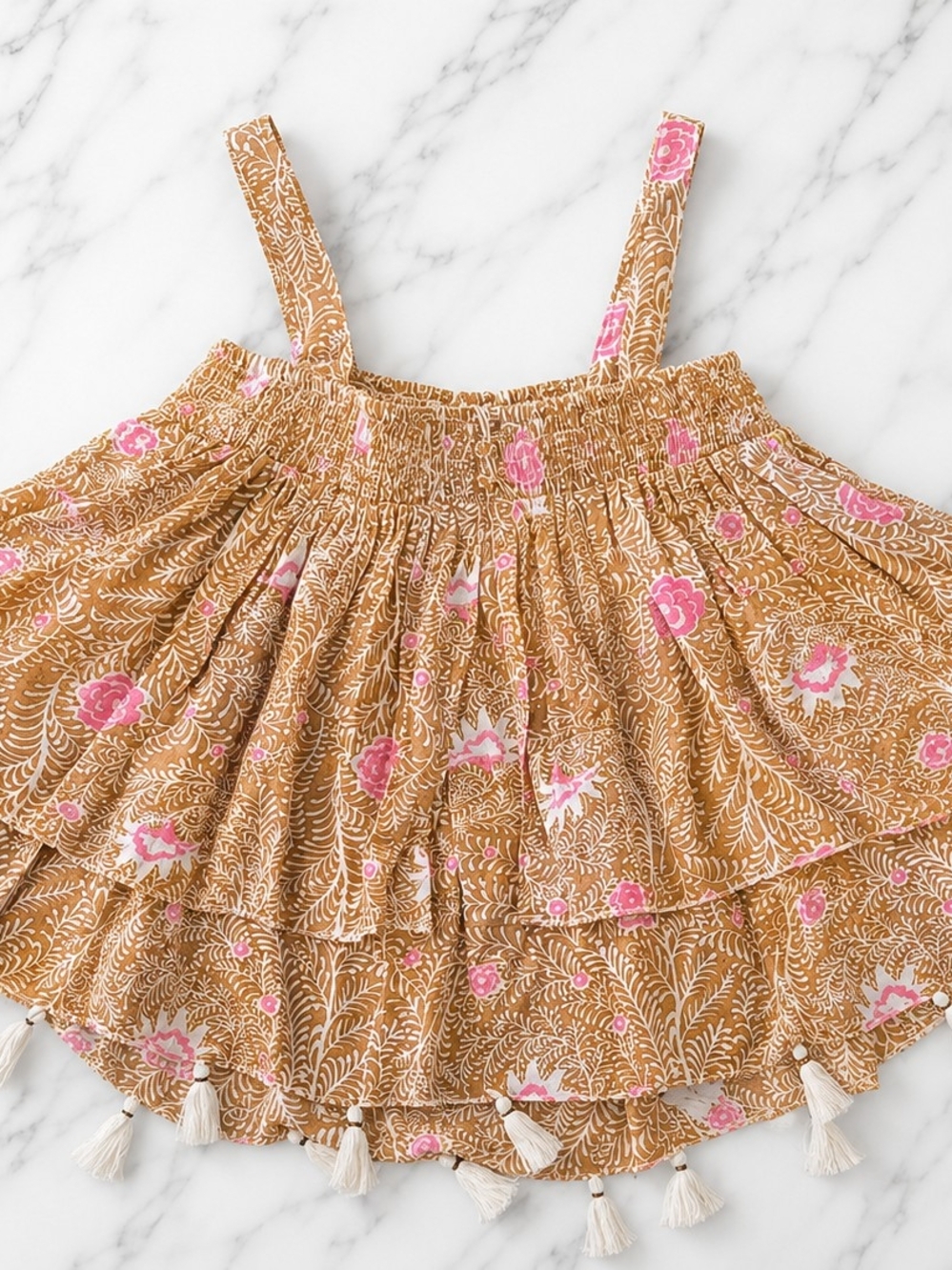 Talisman Pink Floral Tiered Top Brown & Pink Floral Fringe Decor